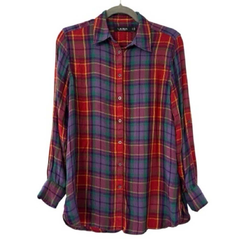 Lauren Ralph Lauren Plaid Roll Tab Sleeve Twill Shirt in Red Purple Size Small